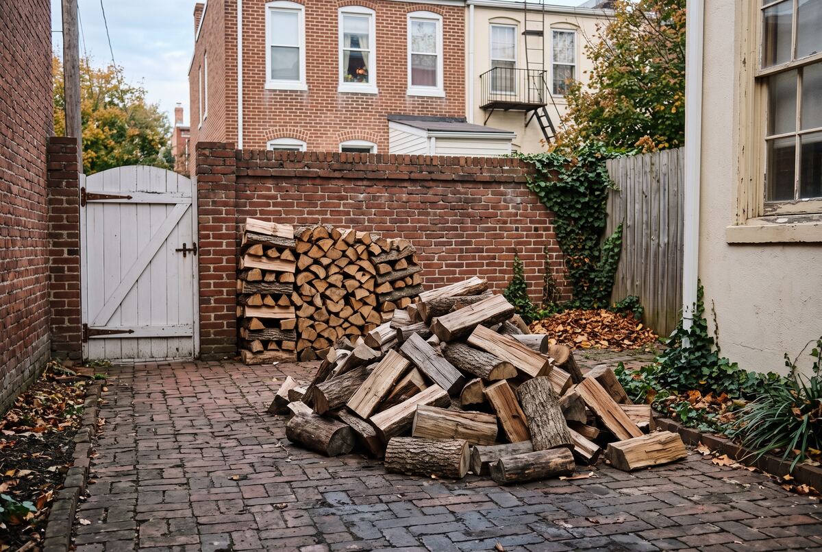 A delivered load of split firewood on the brick paving of a Baltimore rowhouse backyard, part of it already stacked against the wall