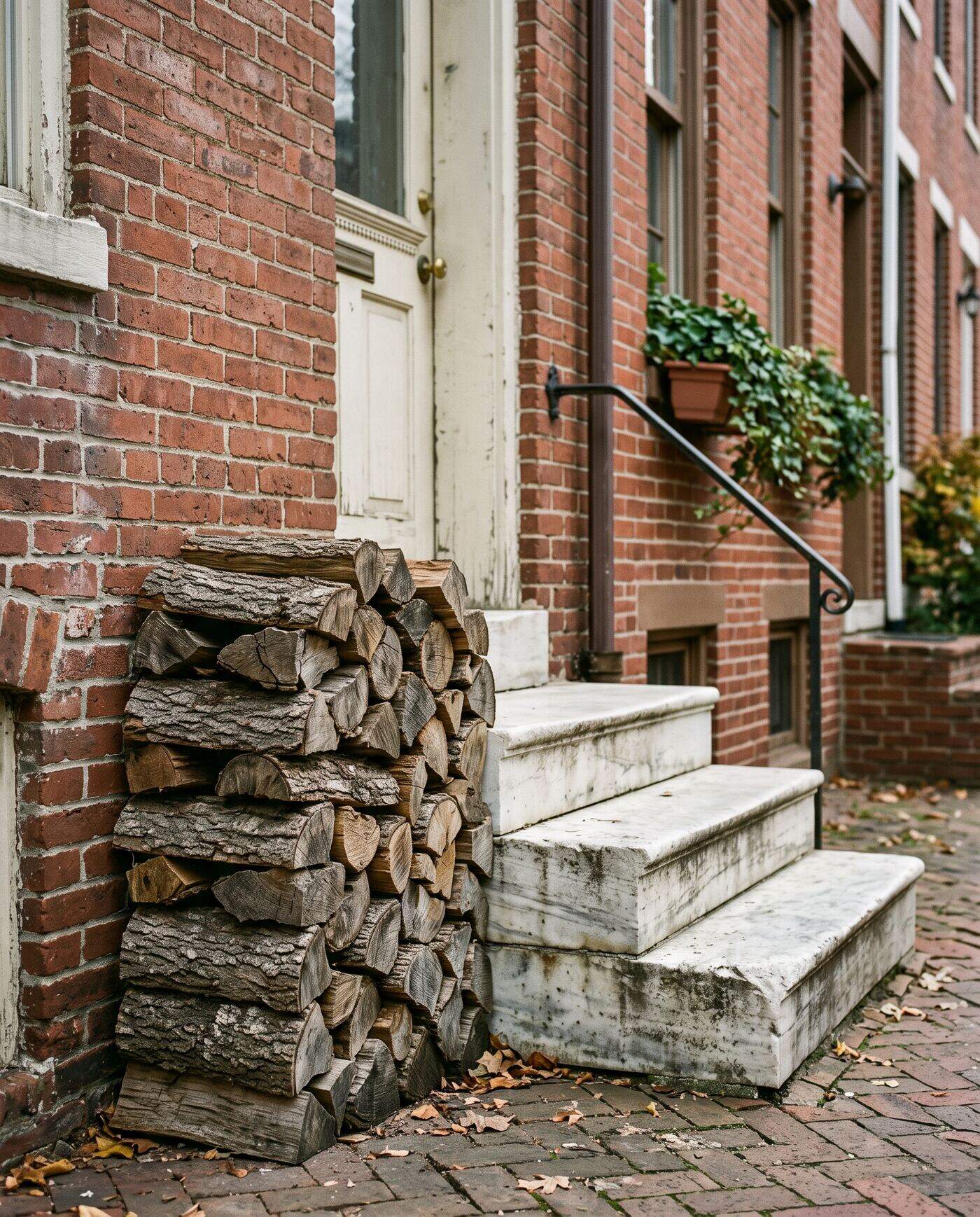 A rick of split seasoned hardwood stacked beside the white marble front steps of a red brick Baltimore rowhouse