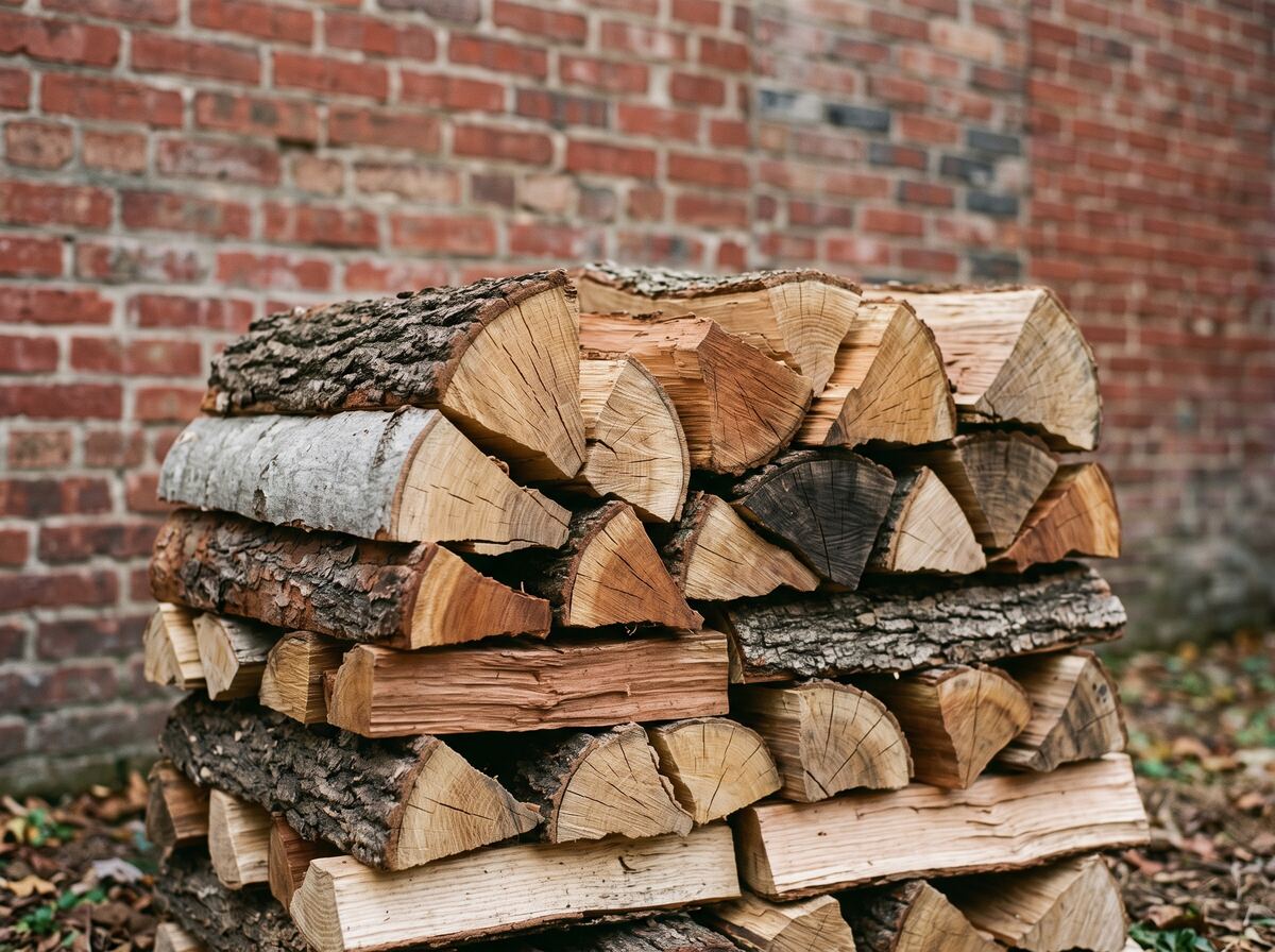 Close-up of a cross-stacked rick of mixed hardwood splits against a red brick wall