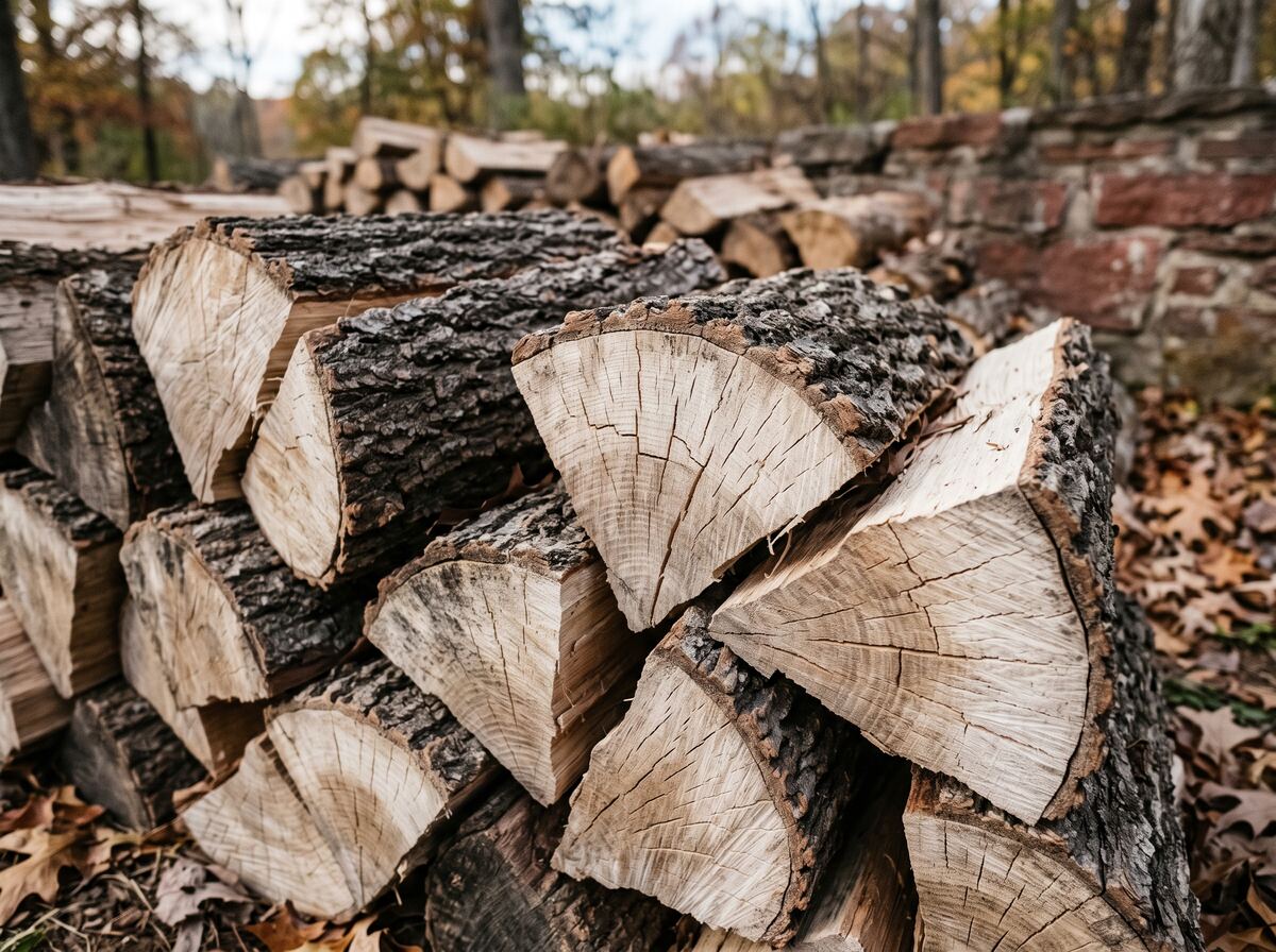 Close-up of seasoned split oak firewood with dark furrowed bark and checked end grain
