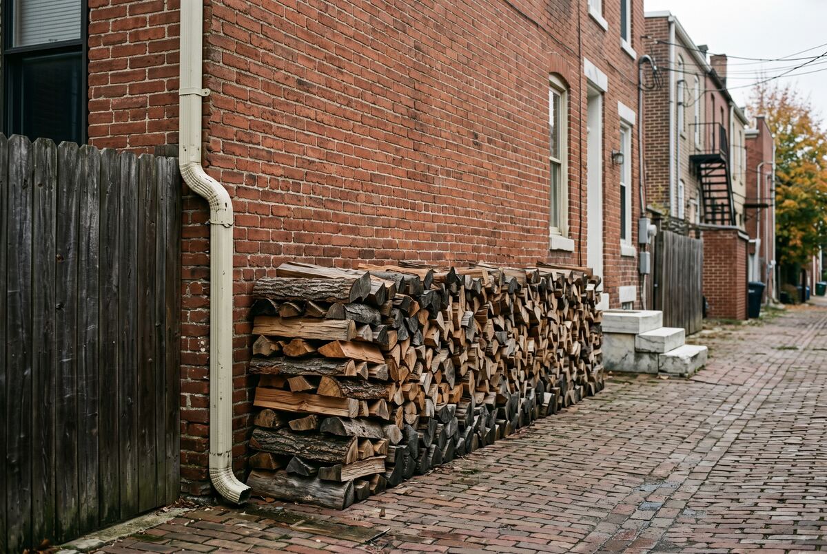A long rick of split hardwood stacked against the red brick back wall of a Baltimore rowhouse alley